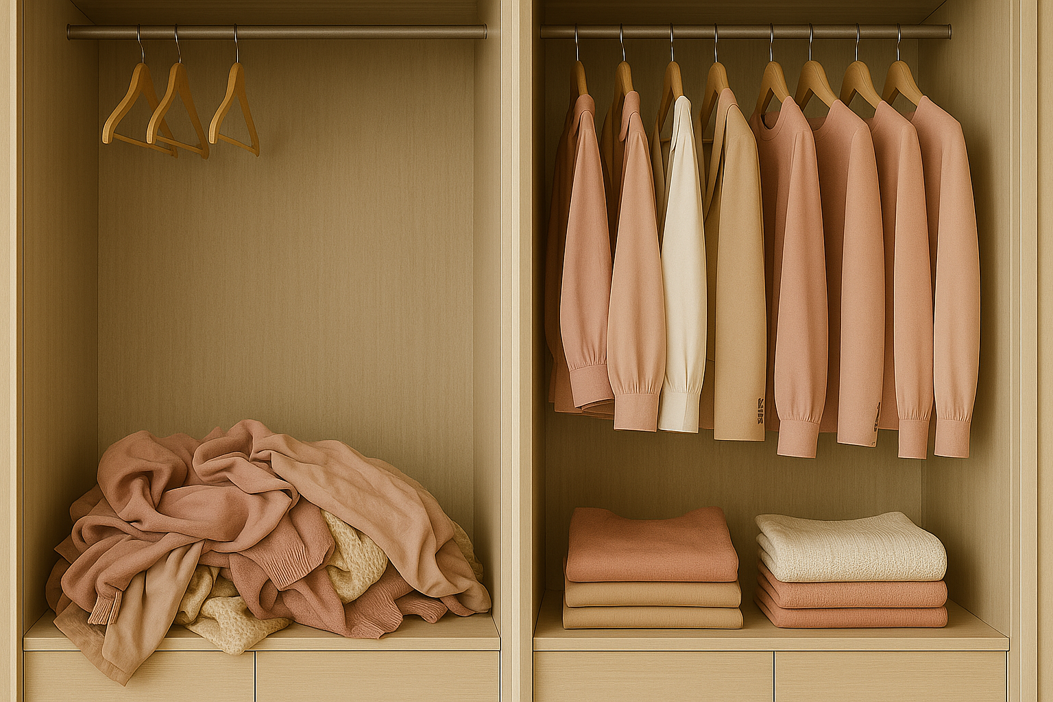 kledingkast met links een rommelige stapel kleren en rechts netjes opgehangen
